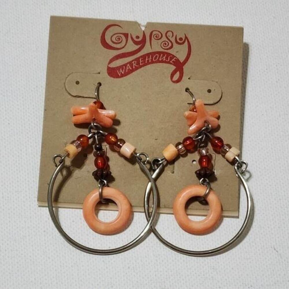 Treska Gypsy Beaded‎ Hoop Dangle Earrings Coral Orange Silver Tone Boho New